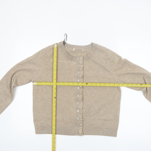 Marks and Spencer Women Beige Medium Ruffle Button Knit Cardigan