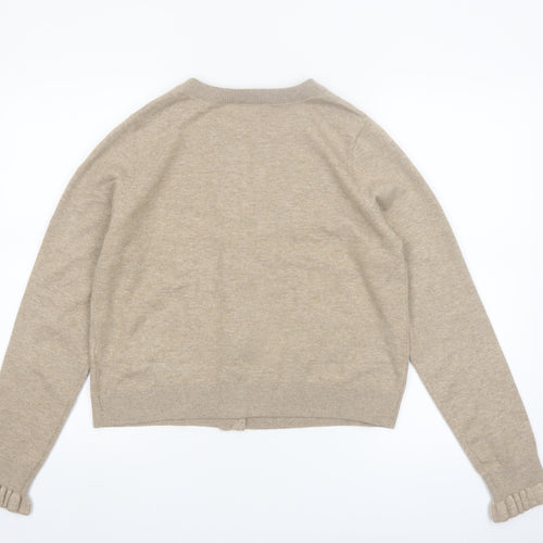 Marks and Spencer Women Beige Medium Ruffle Button Knit Cardigan