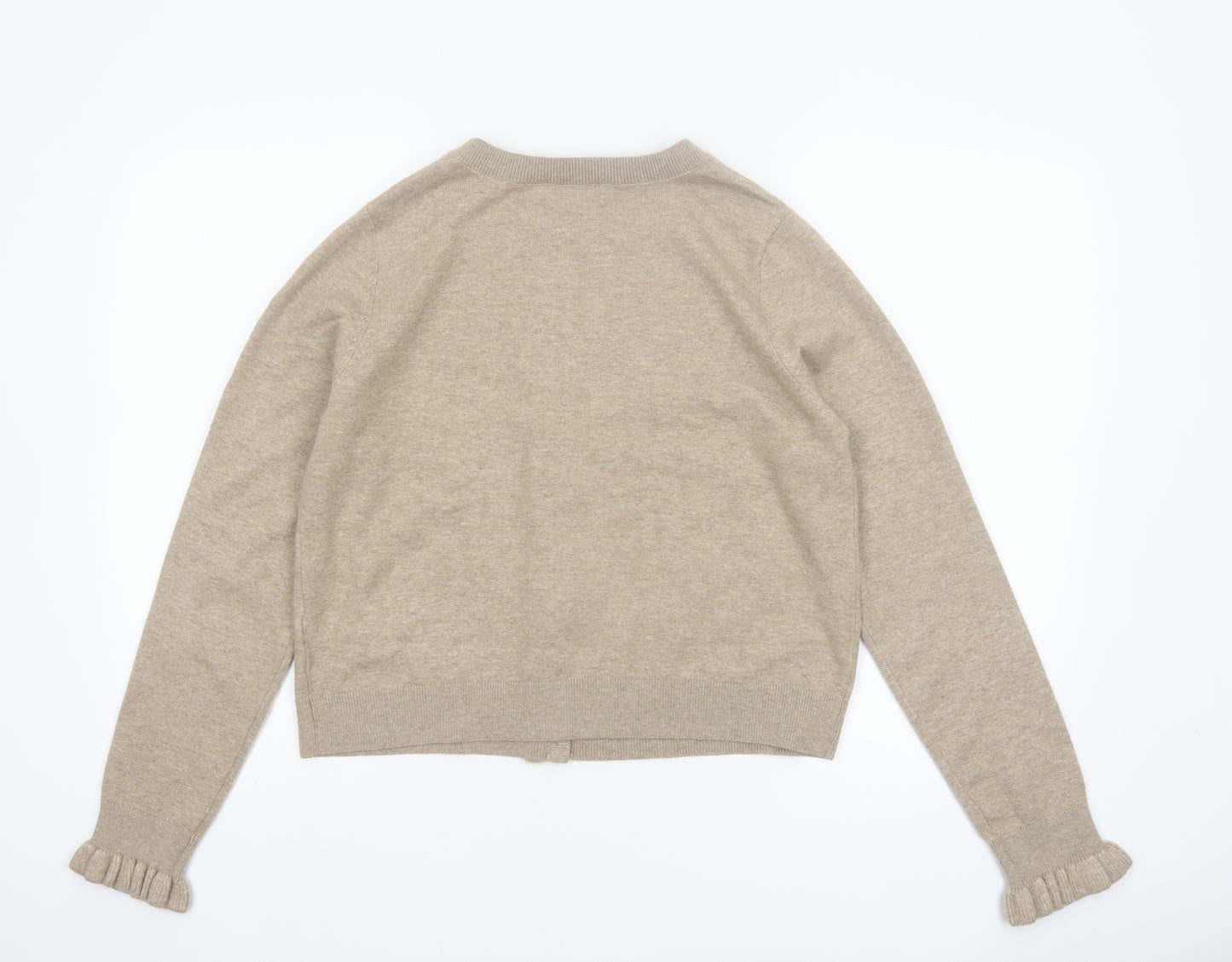 Marks and Spencer Women Beige Medium Ruffle Button Knit Cardigan