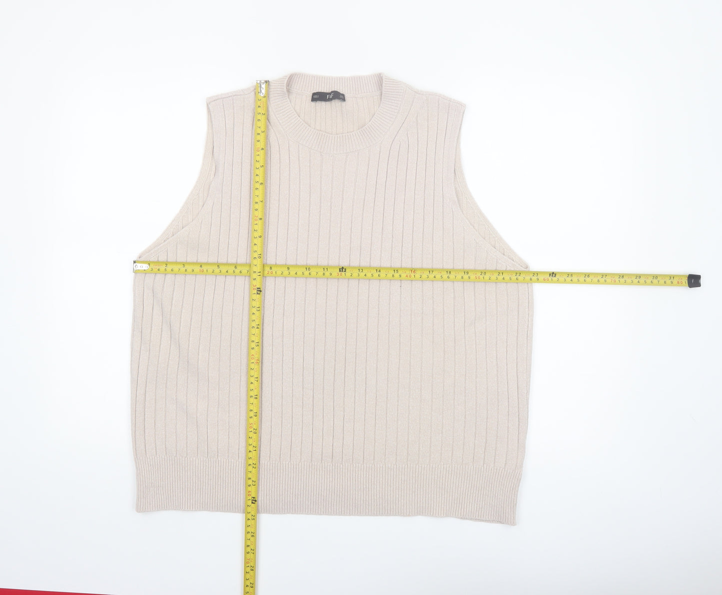 F&F Women Beige Ribbed Knit Sleeveless Vest Jumper Size XL