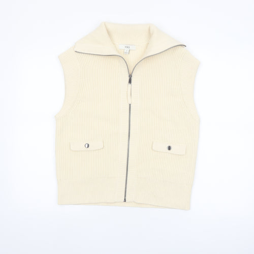 Marks and Spencer Women's Beige Knit Full Zip Sleeveless Vest M