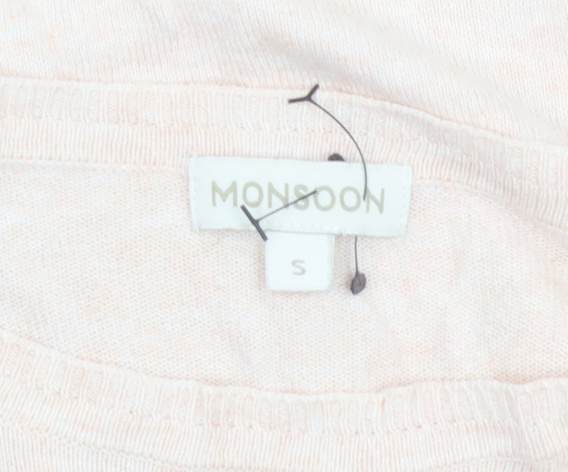 Monsoon Women Beige Short Sleeve Linen Blend Pullover Jumper Size S