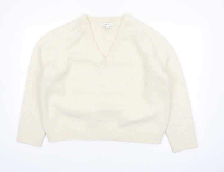 Marks and Spencer Women's Ivory V-Neck Wool Blend Pullover Jumper M