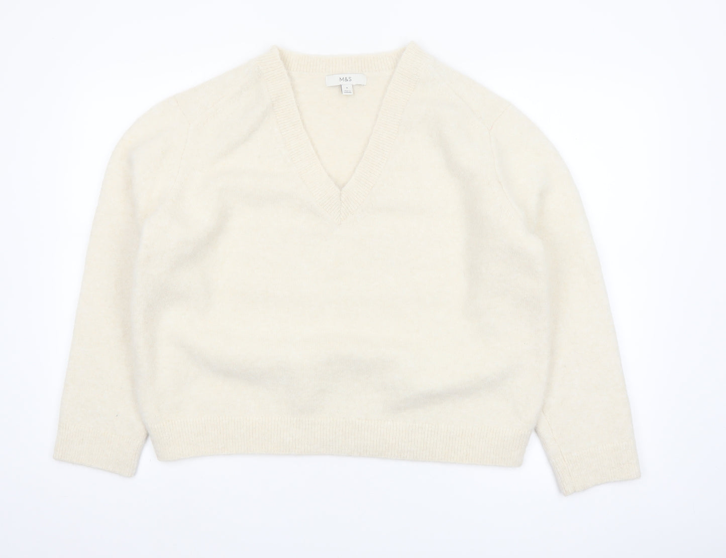 Marks and Spencer Women's Ivory V-Neck Wool Blend Pullover Jumper M