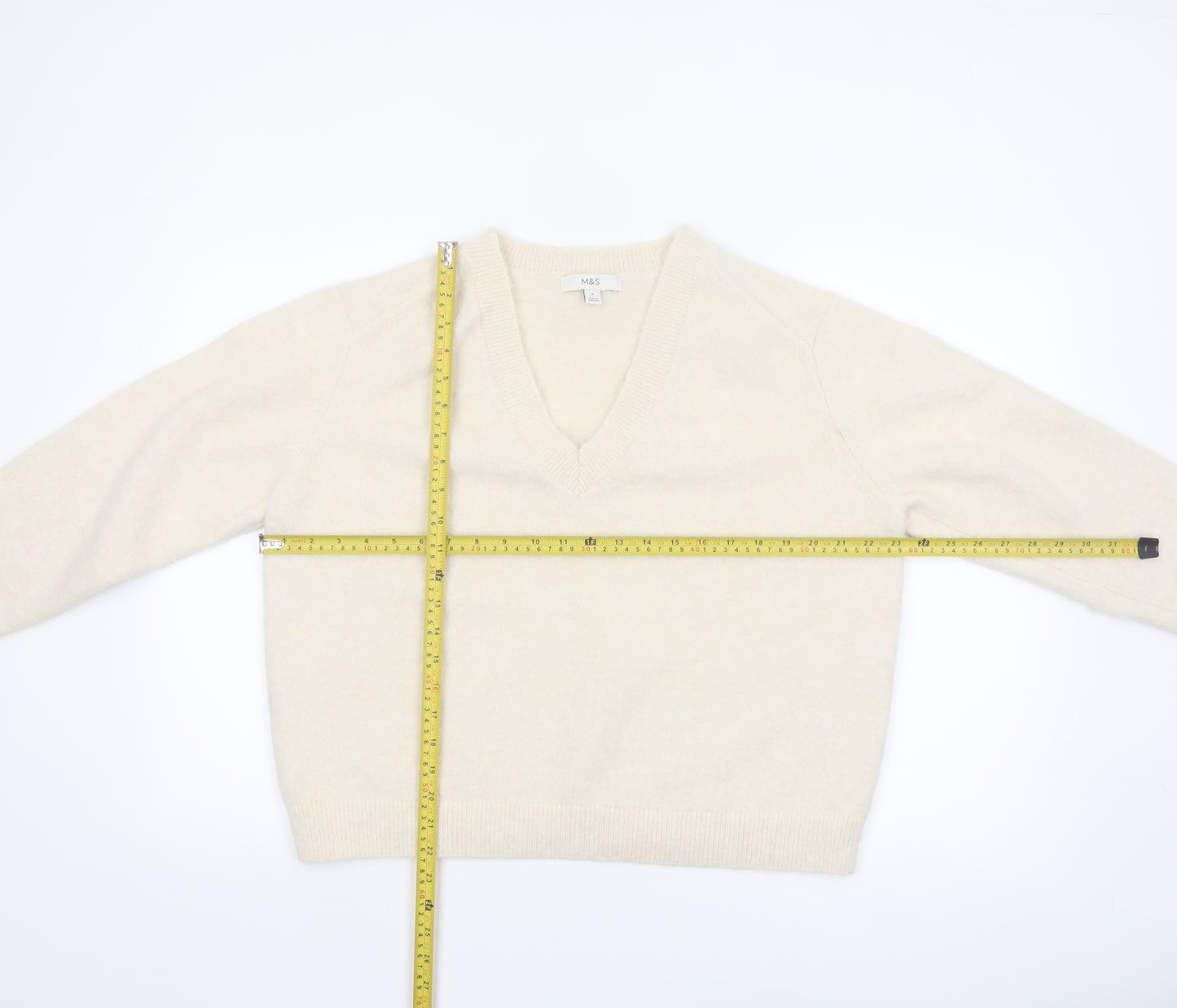 Marks and Spencer Women's Ivory V-Neck Wool Blend Pullover Jumper M