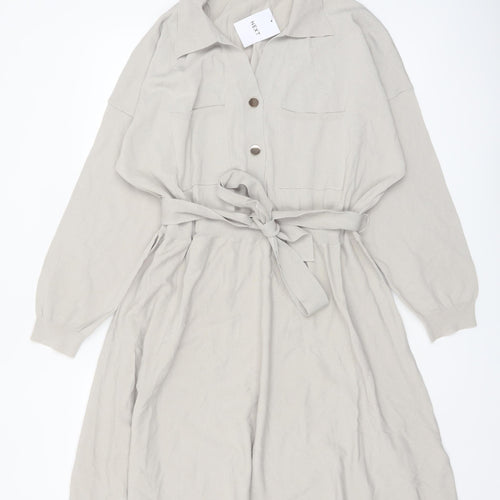 Next Women Beige XL Shirt Dress Collared Belted Long Sleeve Knit