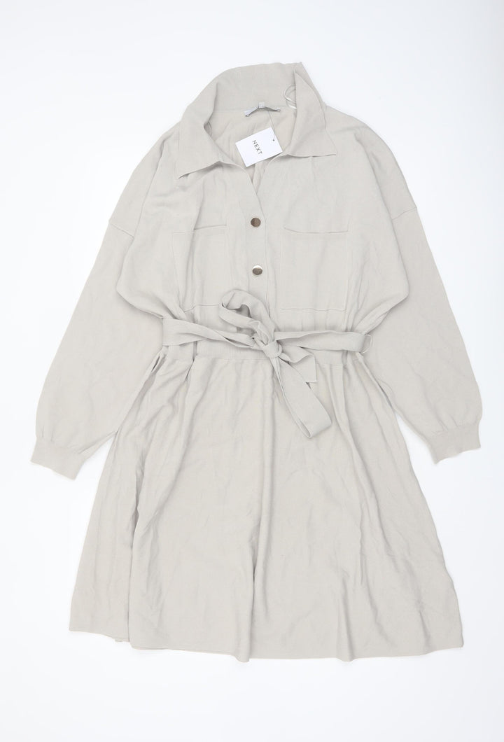Next Women Beige XL Shirt Dress Collared Belted Long Sleeve Knit