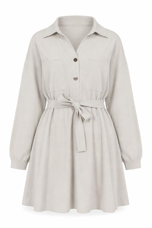 Front view of Next Women Beige XL Shirt Dress Collared Belted Long Sleeve Knit
