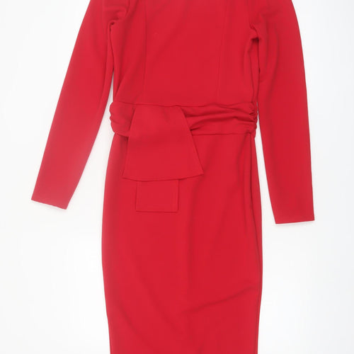 PrettyLittleThing Women’s Red Midi Bodycon Dress Size 10 Long Sleeve