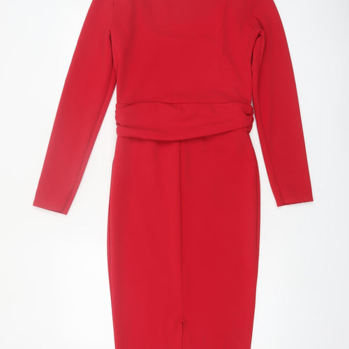 PrettyLittleThing Women’s Red Midi Bodycon Dress Size 10 Long Sleeve