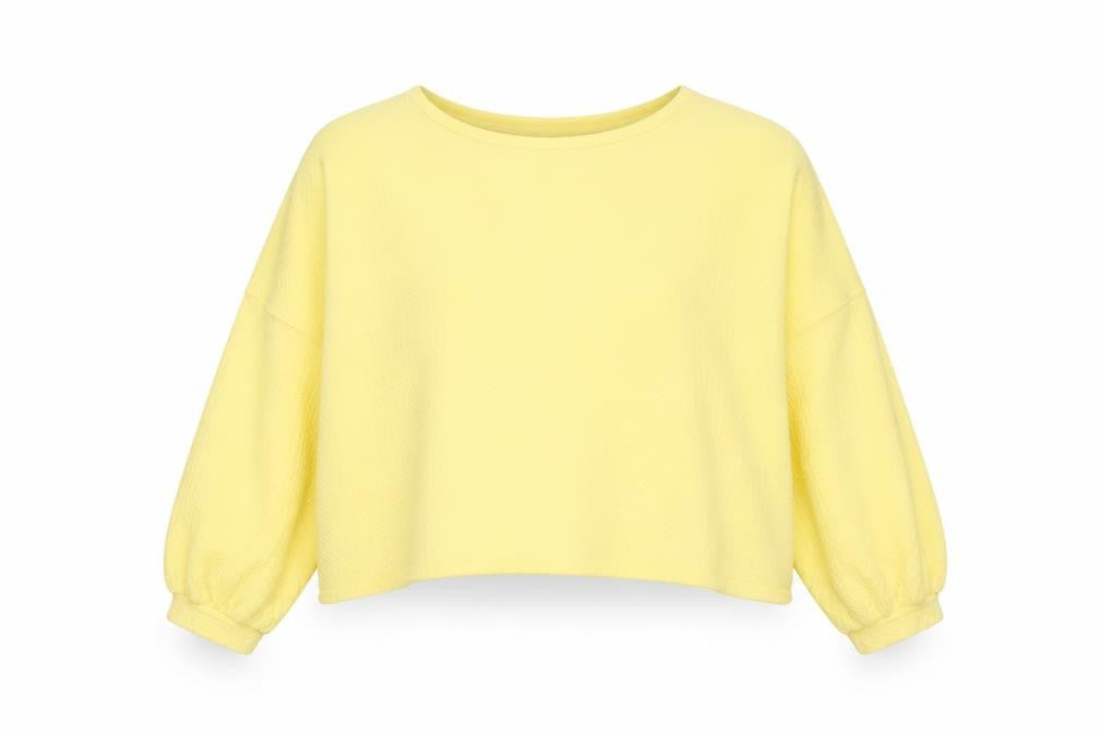 Front view of Mirrou women’s yellow cropped knit blouse, size S, relaxed fit