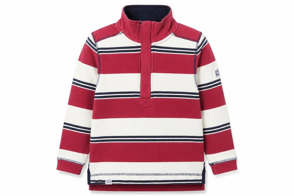Front view of Lazy Jacks boys’ red striped 5-6 years 1/2 zip cotton sweatshirt