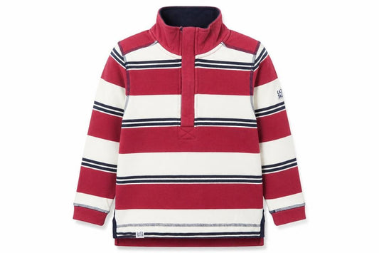 Front view of Lazy Jacks boys’ red striped 5-6 years 1/2 zip cotton sweatshirt