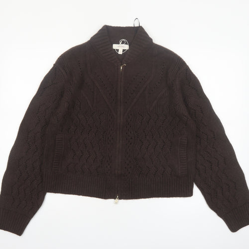 Marks and Spencer Per Una Brown Cable-Knit Full Zip Wool Blend Jumper Size 12
