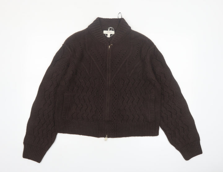 Marks and Spencer Per Una Brown Cable-Knit Full Zip Wool Blend Jumper Size 12