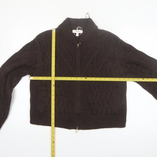 Marks and Spencer Per Una Brown Cable-Knit Full Zip Wool Blend Jumper Size 12