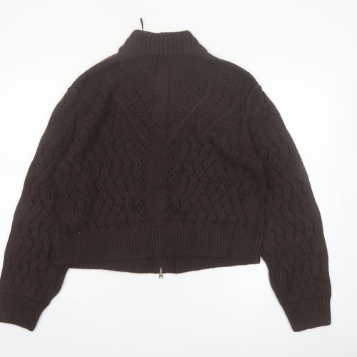 Marks and Spencer Per Una Brown Cable-Knit Full Zip Wool Blend Jumper Size 12