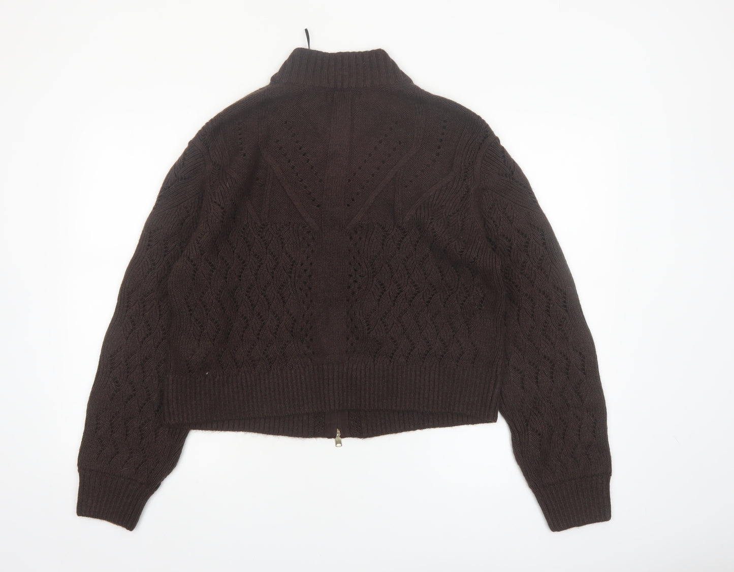 Marks and Spencer Per Una Brown Cable-Knit Full Zip Wool Blend Jumper Size 12
