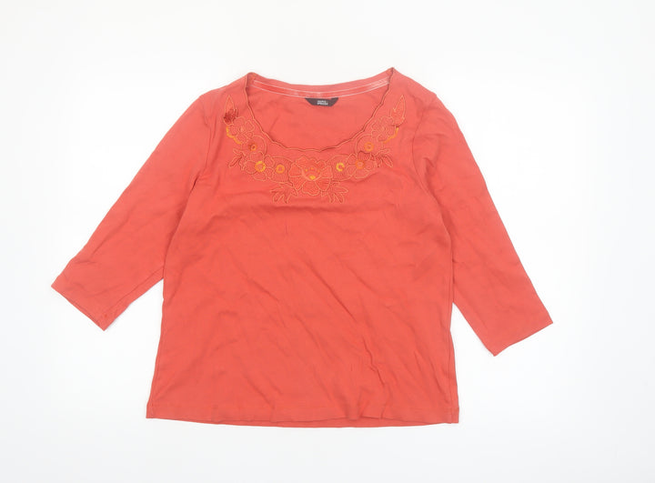 Marks and Spencer Women's Orange Embroidered Cotton 3/4 Sleeve Blouse Size 14