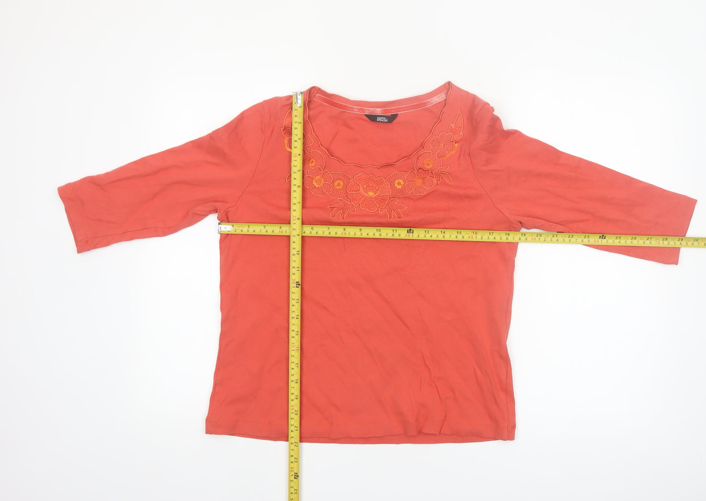 Marks and Spencer Women's Orange Embroidered Cotton 3/4 Sleeve Blouse Size 14