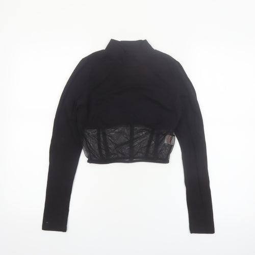 Urbanic Women's Black Cropped Mesh Panel Long Sleeve High Neck Top