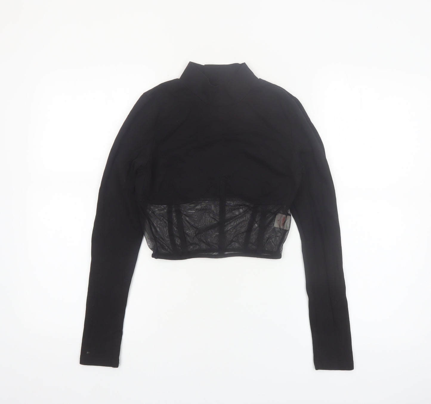 Urbanic Women's Black Cropped Mesh Panel Long Sleeve High Neck Top