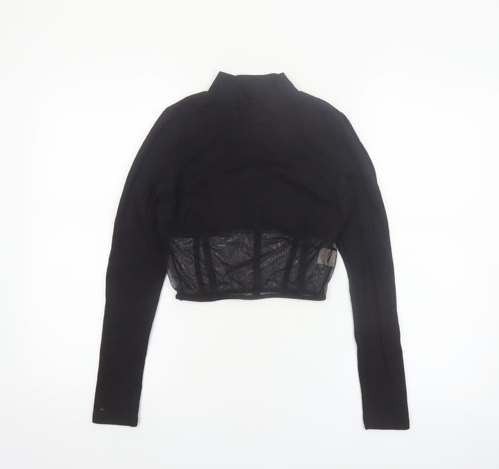 Urbanic Women's Black Cropped Mesh Panel Long Sleeve High Neck Top