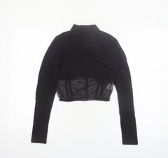 Urbanic Women's Black Cropped Mesh Panel Long Sleeve High Neck Top