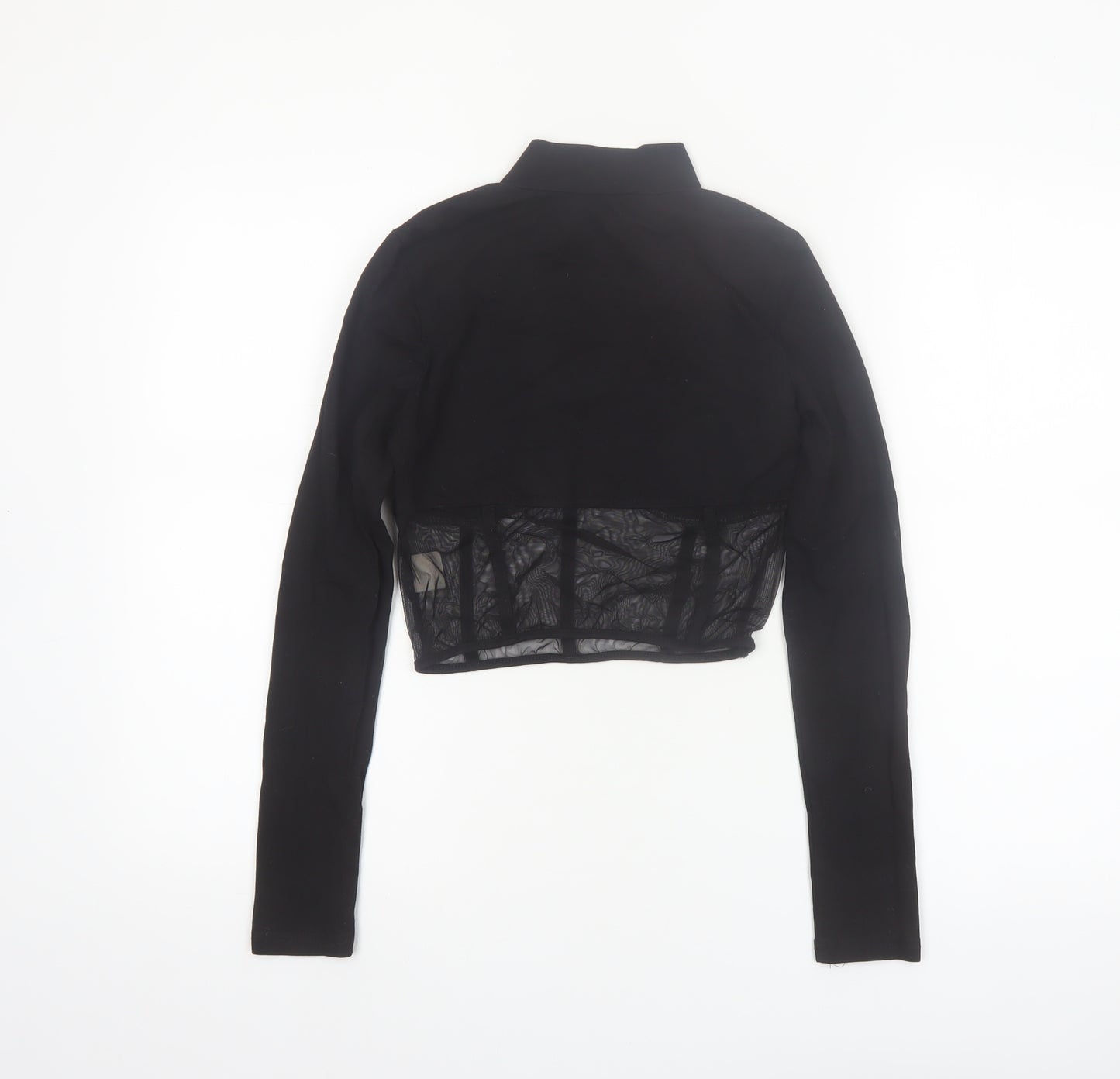 Urbanic Women's Black Cropped Mesh Panel Long Sleeve High Neck Top