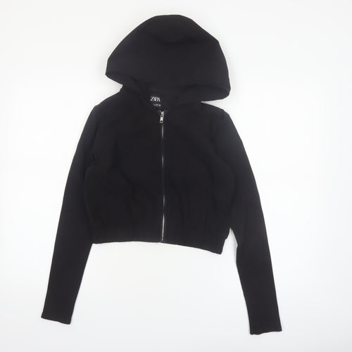 ZARA Women Black Small Cropped Full Zip Hoodie Lightweight Cotton Blend