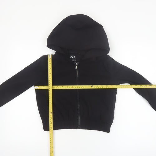 ZARA Women Black Small Cropped Full Zip Hoodie Lightweight Cotton Blend