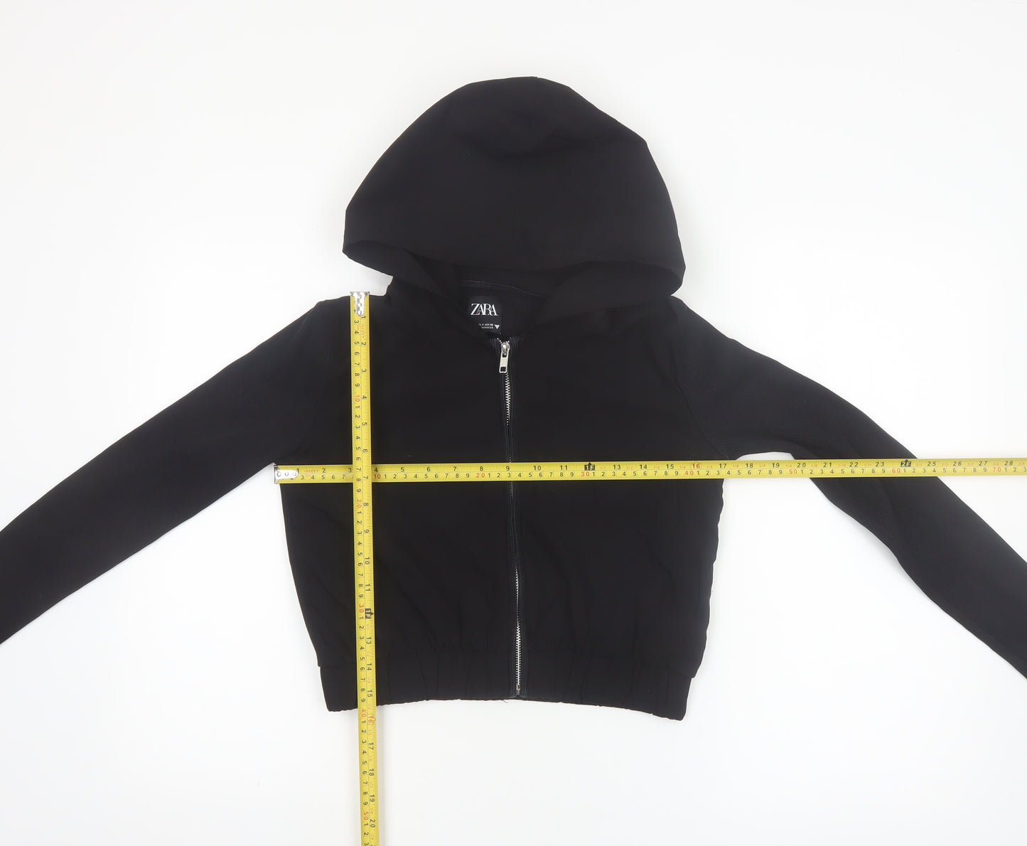 ZARA Women Black Small Cropped Full Zip Hoodie Lightweight Cotton Blend