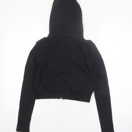 ZARA Women Black Small Cropped Full Zip Hoodie Lightweight Cotton Blend