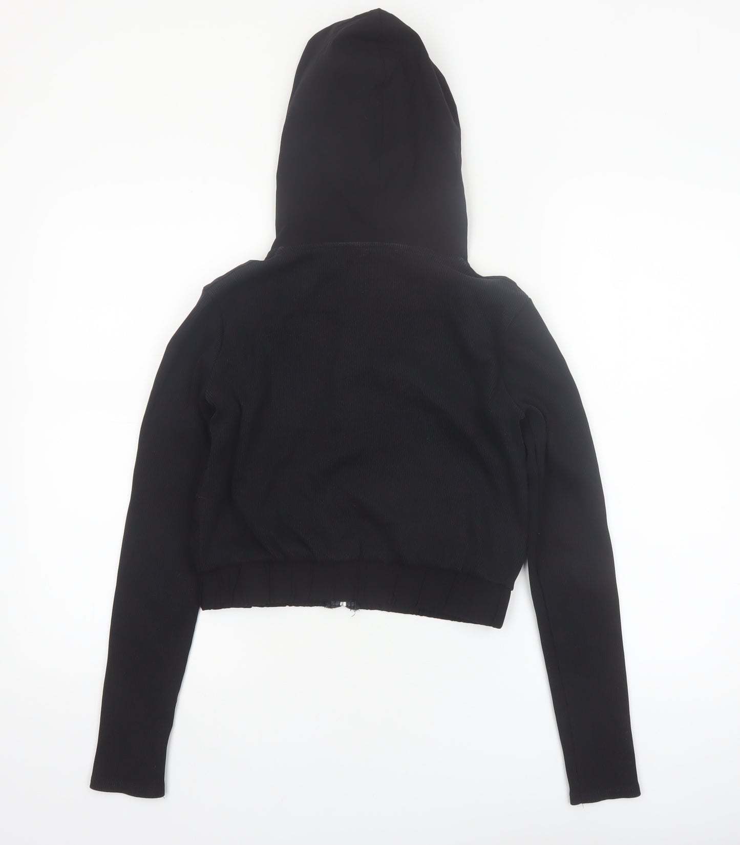 ZARA Women Black Small Cropped Full Zip Hoodie Lightweight Cotton Blend