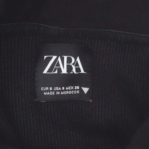 ZARA Women Black Small Cropped Full Zip Hoodie Lightweight Cotton Blend