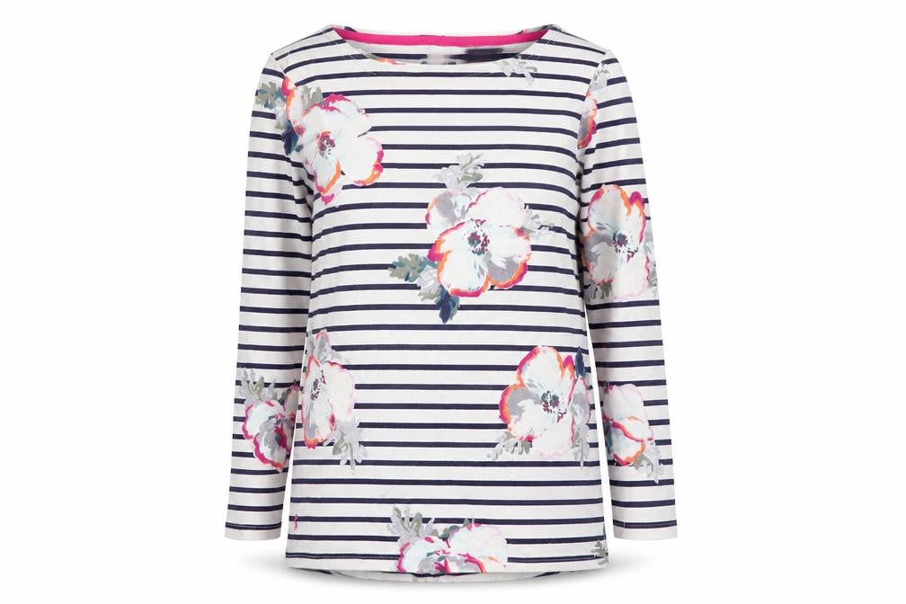 Joules Women's Multicoloured Floral Striped 3/4 Sleeve Cotton Top Size 10