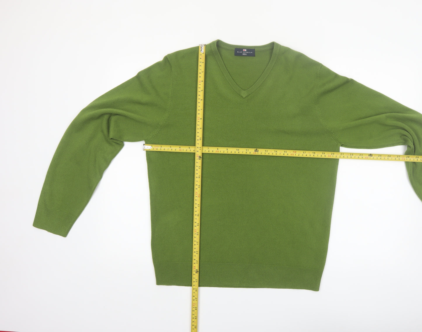 Marks and Spencer Men's Green V-Neck Acrylic Jumper Medium