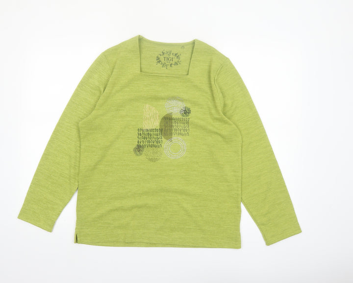 Tigi Women’s Green Long Sleeve Square Neck Jersey Top Size 14