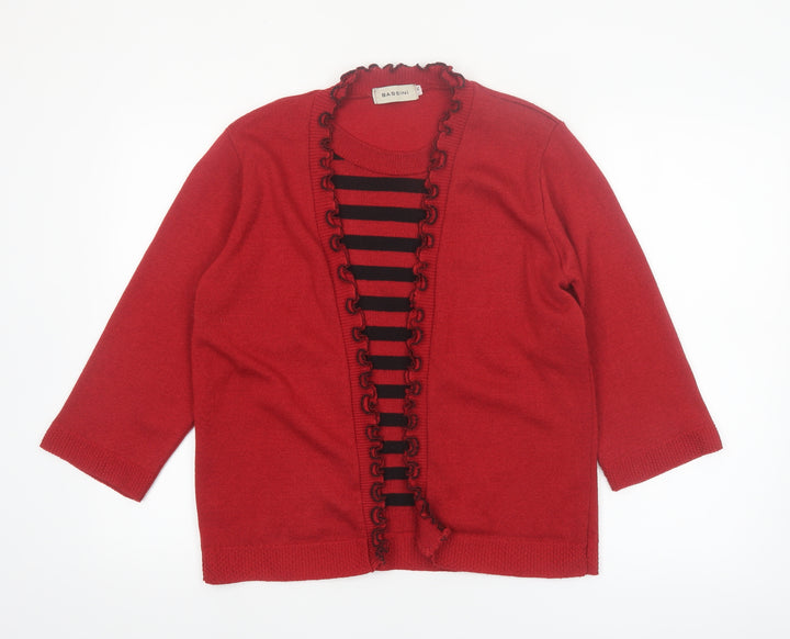 Bassini Womens Red Striped Ruffle Edge Cardigan XL Knit Jumper