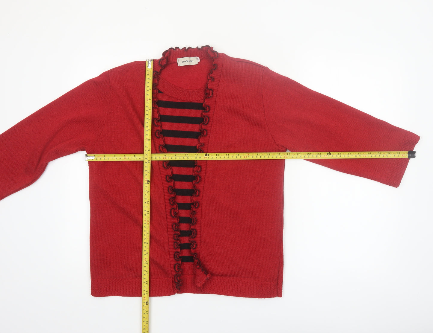 Bassini Womens Red Striped Ruffle Edge Cardigan XL Knit Jumper