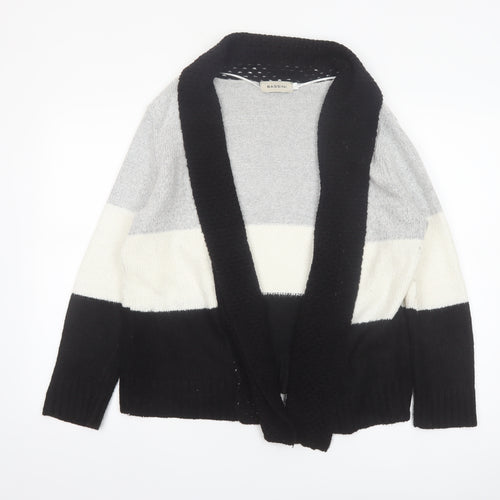 Bassini Womens Black Grey Ivory Striped Knit Cardigan L