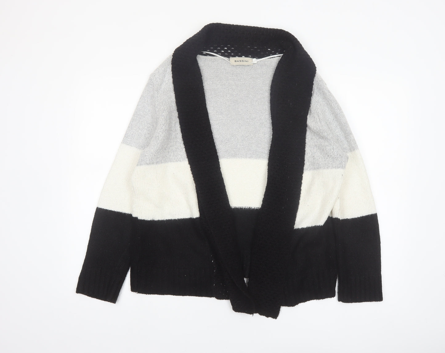 Bassini Womens Black Grey Ivory Striped Knit Cardigan L