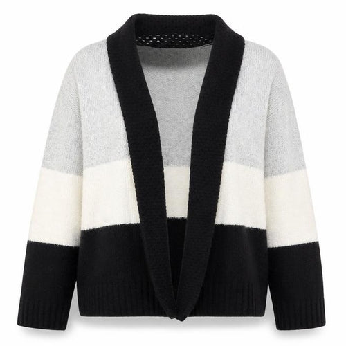 Bassini Womens Black Grey Ivory Striped Knit Cardigan L