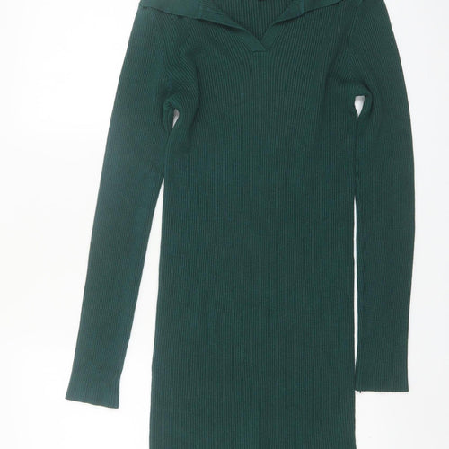 Pink Vanilla Women Green L Rib Knit Collared Bodycon Dress