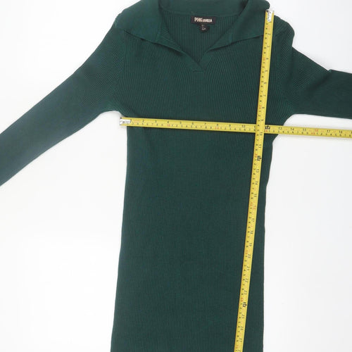 Pink Vanilla Women Green L Rib Knit Collared Bodycon Dress