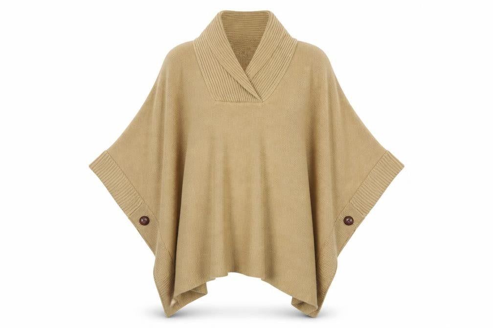 Front view of H&M Women Beige Knit Cape Jumper One Size Acrylic Collared
