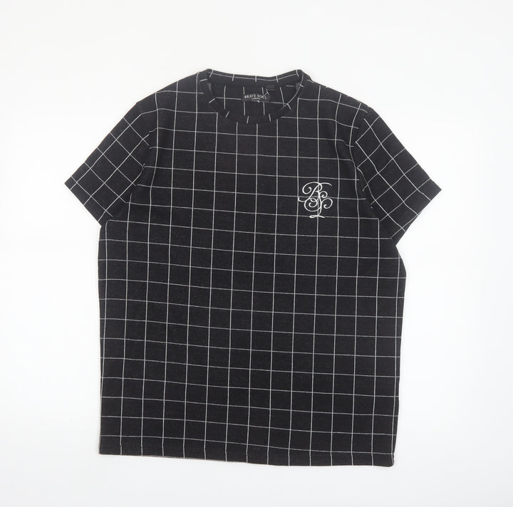Brave Soul Men's Black Checked Crew Neck T-Shirt Size M