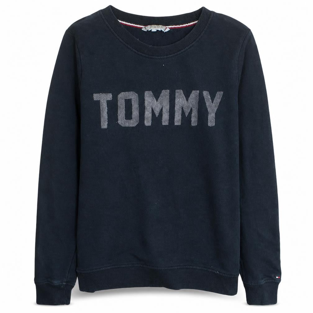 Front view of Tommy Hilfiger women’s navy sweatshirt crew neck cotton blend m