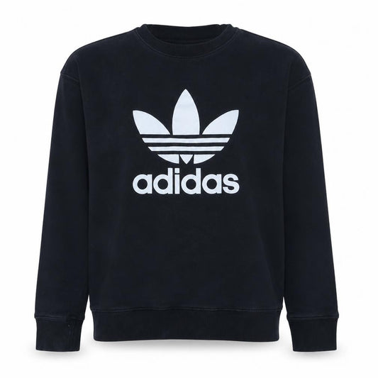 Front view of Adidas women’s black crew neck pullover sweatshirt, size UK 12, cotton