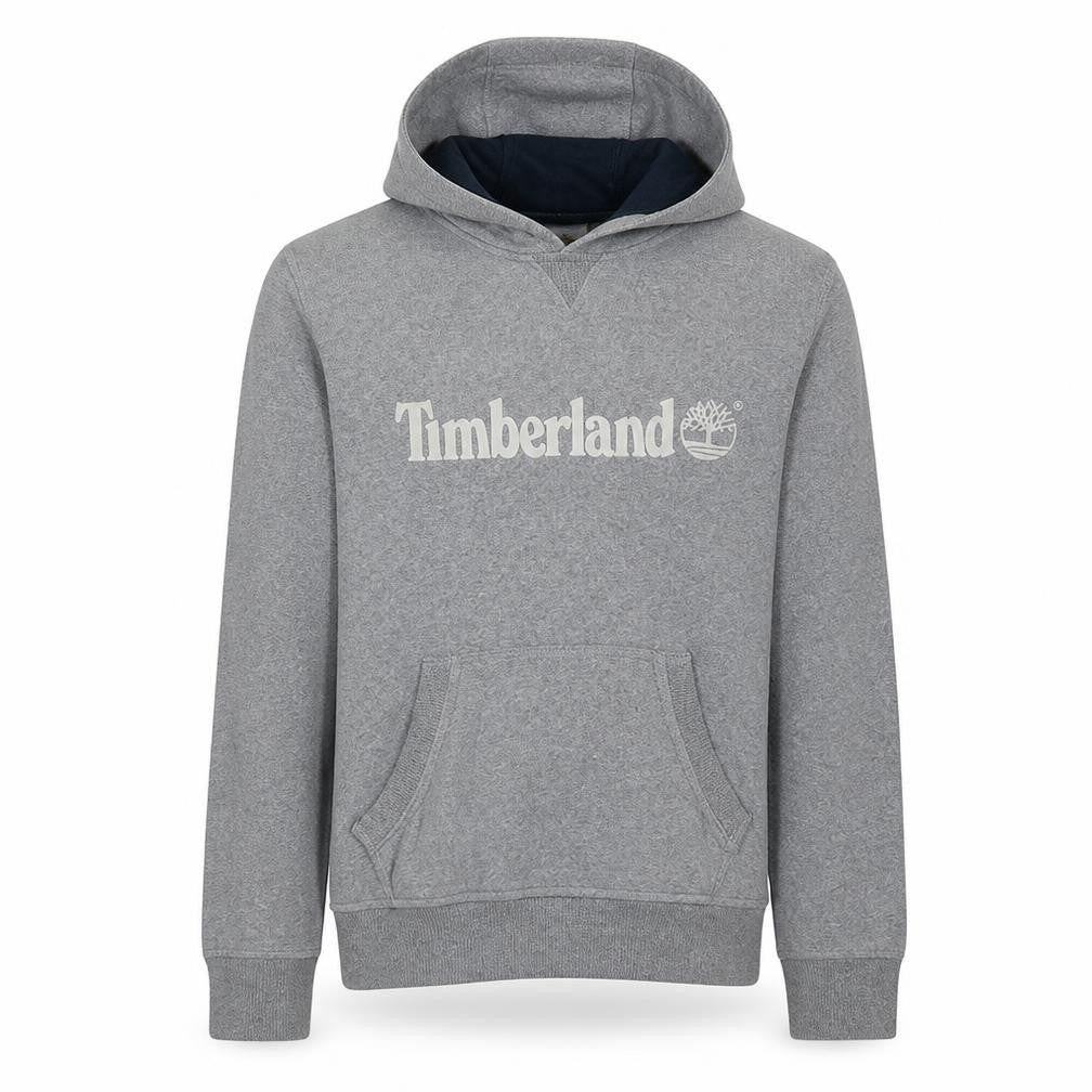 Front view of Timberland Men's Grey Pullover Hoodie L Logo Fleece Sweatshirt